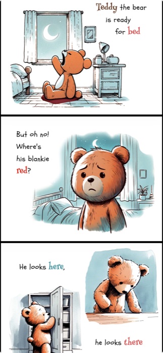 Three finished spreads from the book, showing Teddy getting ready for bed, realizing his blankie is missing, and looking for it around the room.