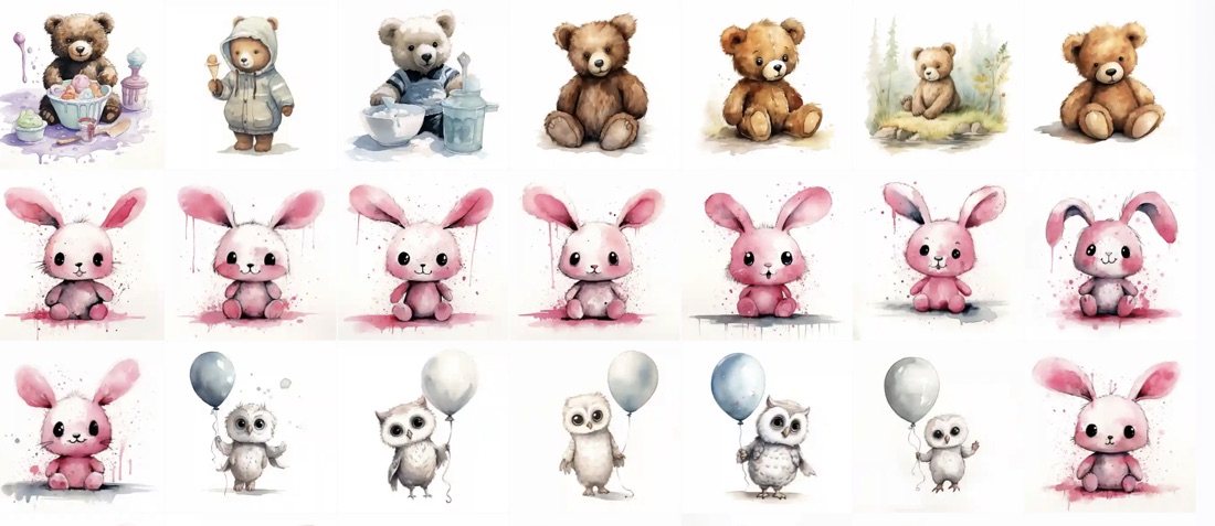 A grid of early character exploration: many different teddy bear, bunny, and owl designs generated before settling on final looks for each.