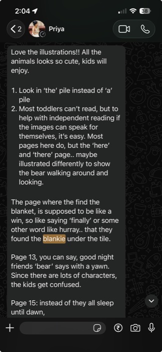 WhatsApp message from Priya giving page-by-page feedback on the book draft.