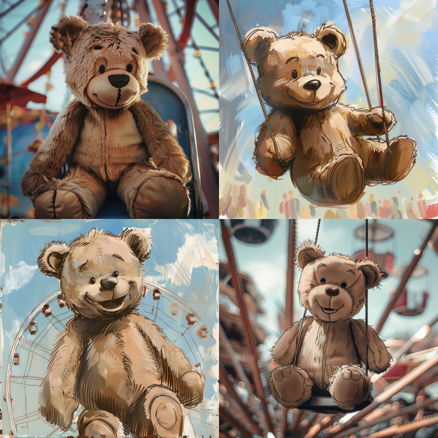 Four Midjourney generations from the exact same prompt and character reference, all showing Teddy on a ferris wheel, each rendered in a noticeably different style.