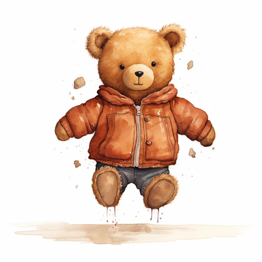 The approved reference portrait of Teddy: a small brown bear in an orange zip-up jacket and denim shorts, mid-jump, in hand-drawn ink and watercolour style.