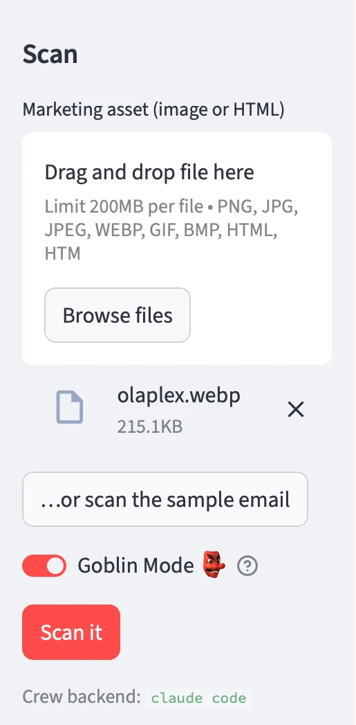 The scan sidebar: file uploader, sample email button, Goblin Mode toggle, scan button, and a crew backend readout showing claude code.