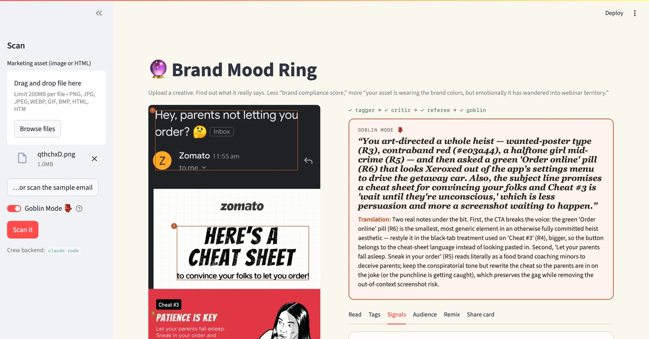 The Brand Mood Ring app after scanning a Zomato promo email: the uploaded email on the left with numbered evidence pins, the crew progress tracker and the Goblin Mode roast on the right.