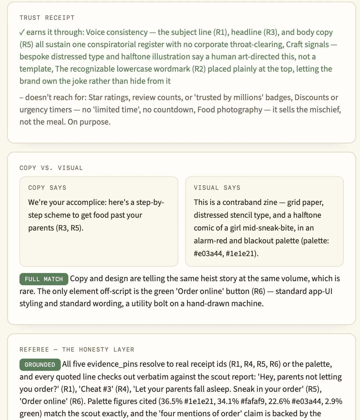 Signals tab: trust receipt, copy versus visual, and the referee verdict.