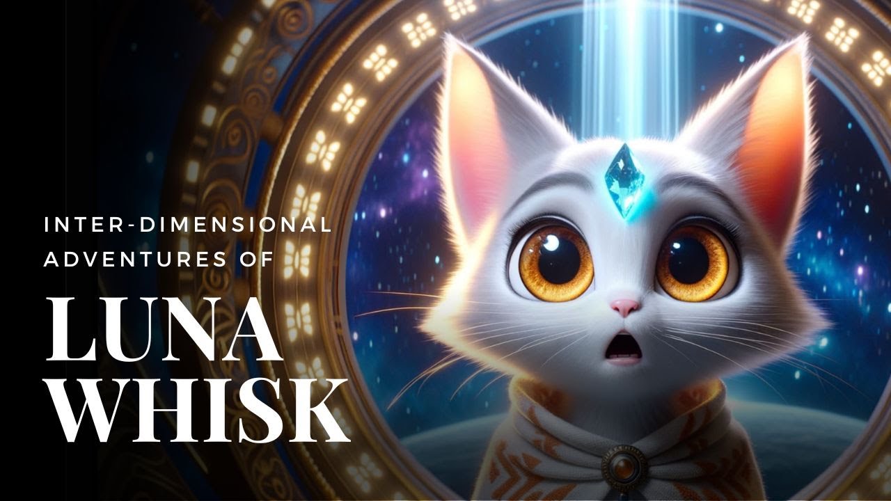 Title card for Inter-Dimensional Adventures of Luna Whisk: a white cat with amber eyes and a glowing third-eye gem, framed inside a golden portal against a starfield.