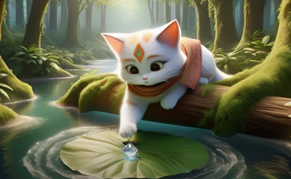 Luna Whisk reaching toward a glowing gem on a lily pad in a mossy, sunlit interdimensional forest.