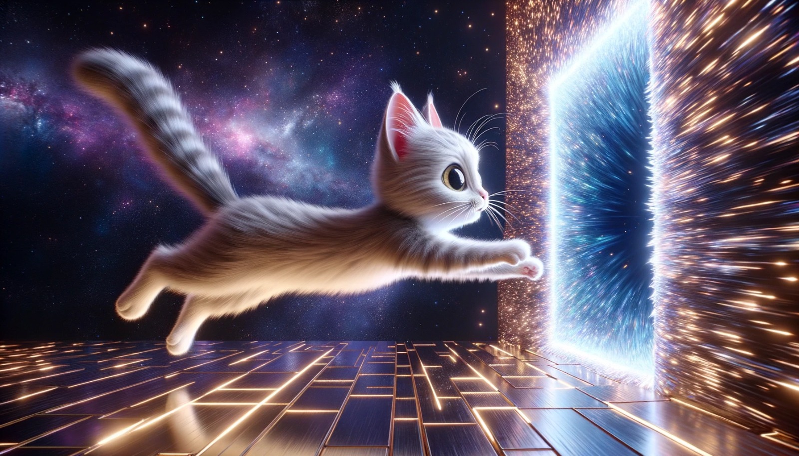 Luna Whisk leaping through a glowing dimensional rift above a lit floor grid, with a striped tail and softer markings than in the earlier character shots.