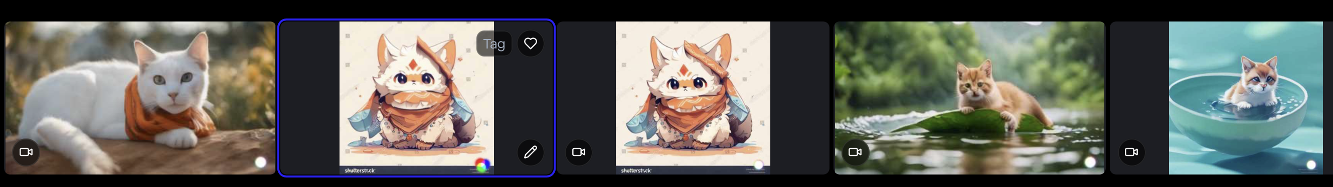A filmstrip of early Runway attempts at the cat character: a reference photo, two illustrated results in a hooded robe, a photorealistic kitten on a lily pad, and a painterly kitten in a teacup, each in a noticeably different style.