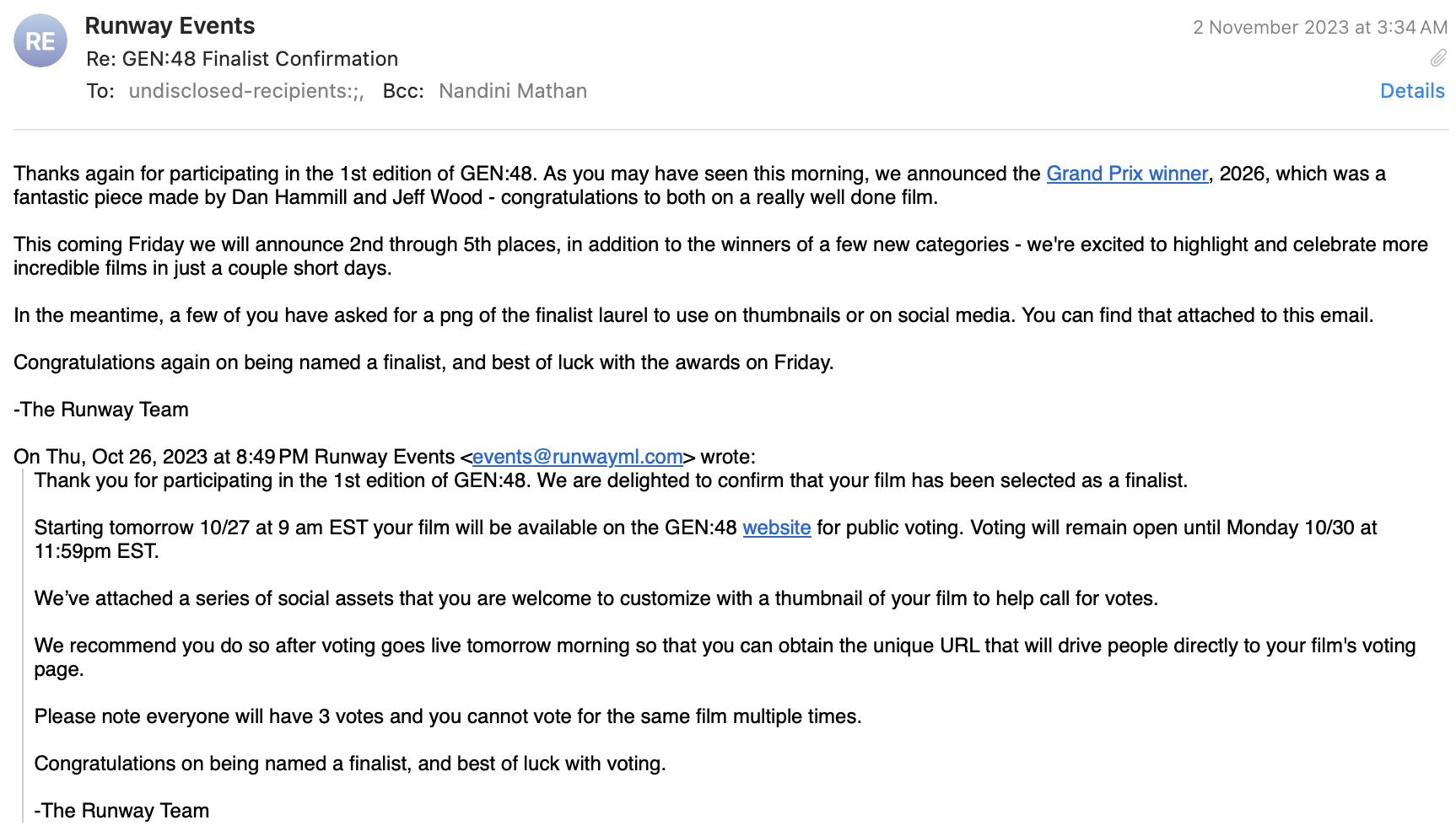Email from Runway Events confirming the film's selection as a GEN:48 finalist.