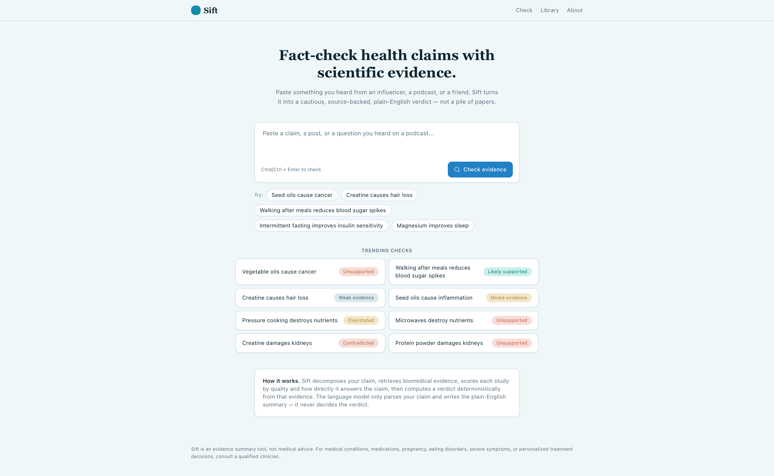 Sift home page: a single claim input with example chips, trending checks with verdict chips like Unsupported and Likely supported, and a how-it-works explainer.